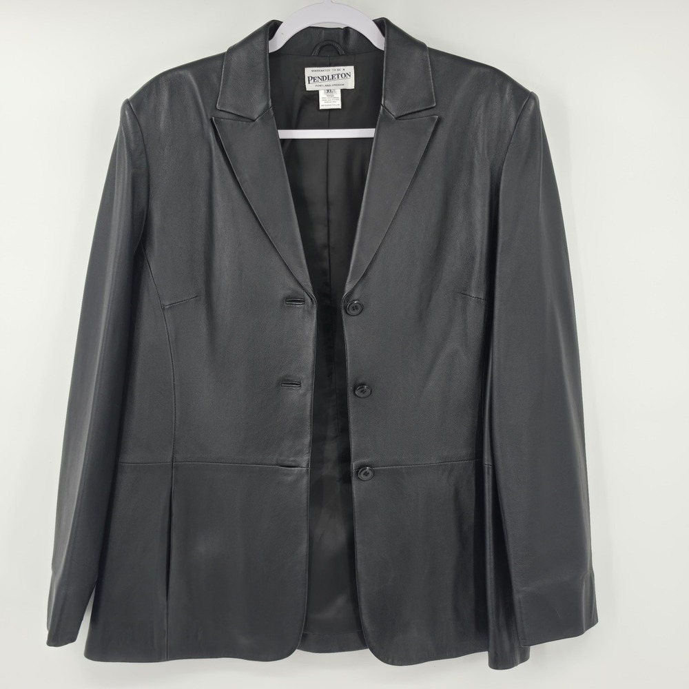 Vintage Pendleton Womens Black Leather Blazer Jacket XL 3 Button Notched Lapel